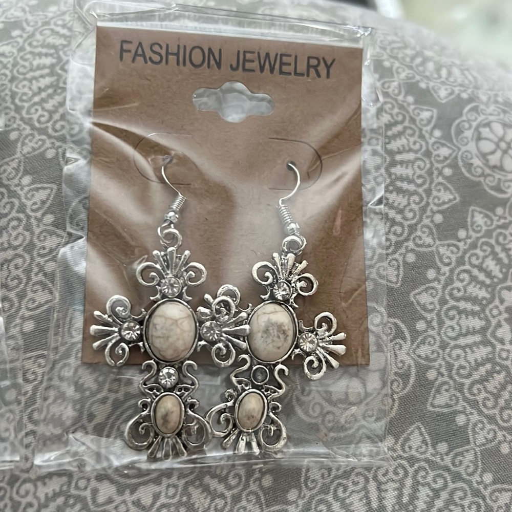 Cross earrings white light blue black silver
